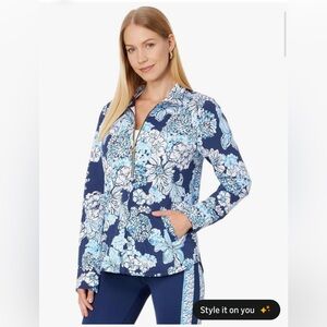 Lilly Pulitzer Skipper Popover Top Half Zip Low Tide Navy Bouquet All Day M